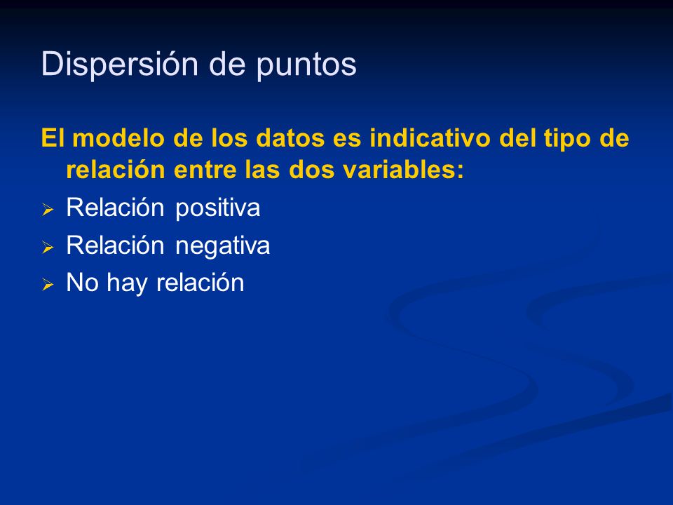 Dispersión de puntos El modelo de los datos es indicativo del tipo de relación entre las dos variables: