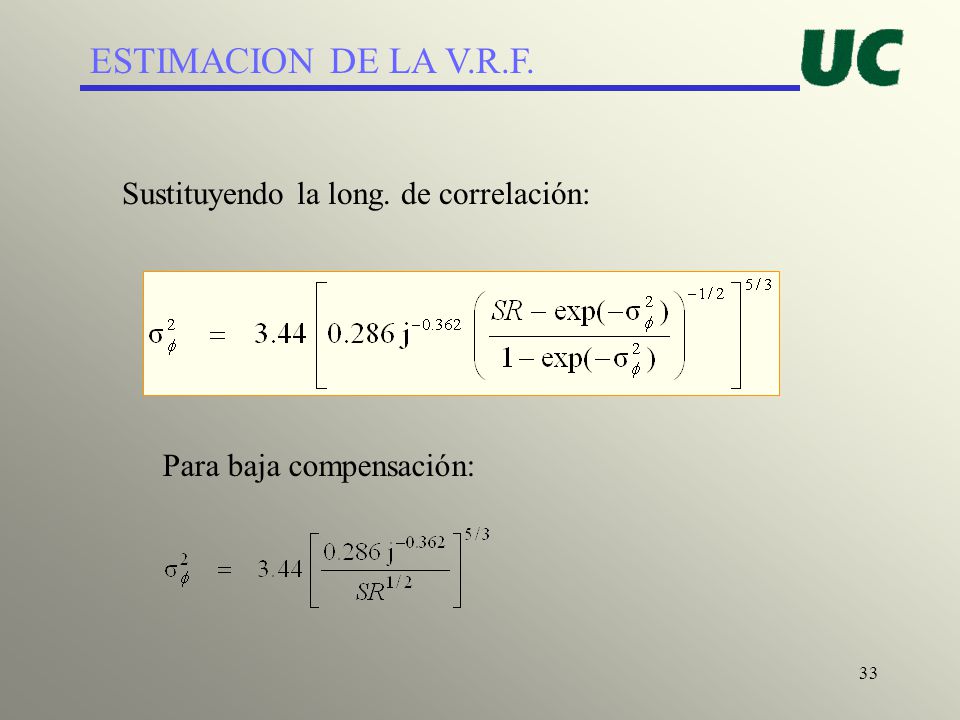 ESTIMACION DE LA V.R.F. Sustituyendo la long. de correlación: