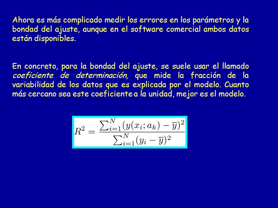 Ahora es más complicado medir los errores en los parámetros y la bondad del ajuste, aunque en el software comercial ambos datos están disponibles.