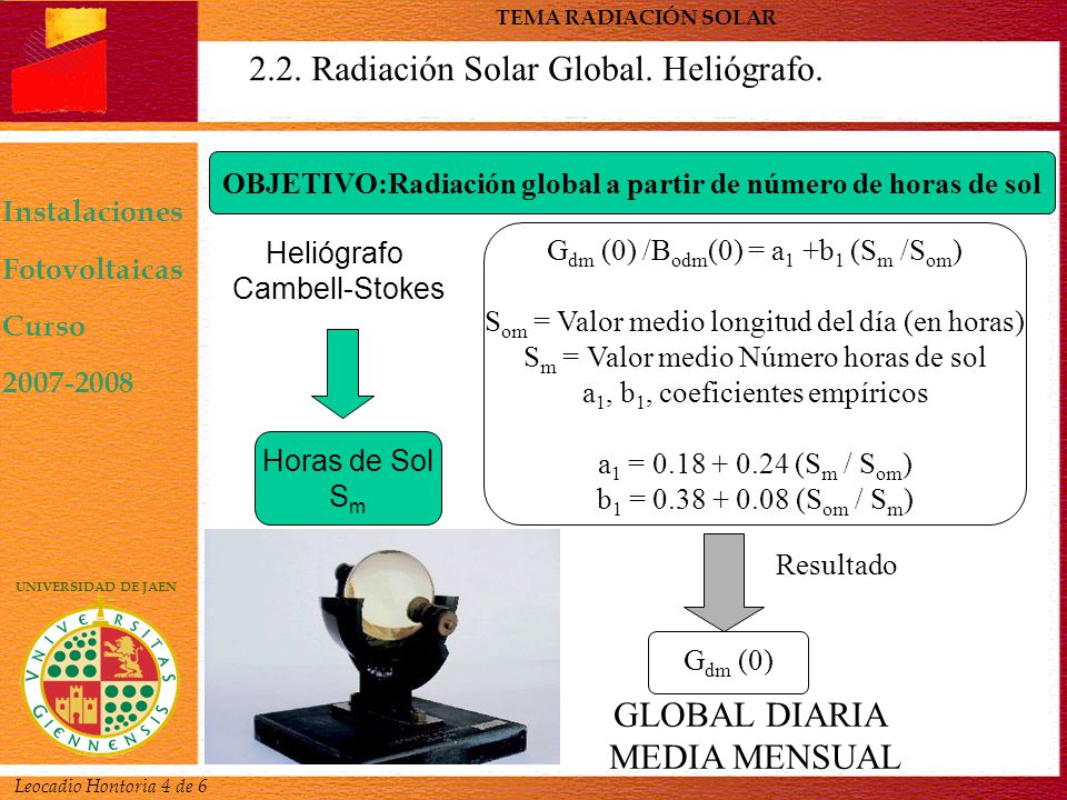 OBJETIVO:Radiación global a partir de número de horas de sol