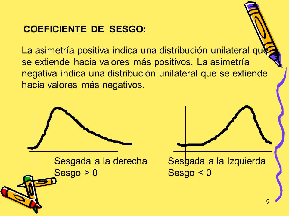 COEFICIENTE DE SESGO: La asimetría positiva indica una distribución unilateral que. se extiende hacia valores más positivos. La asimetría.