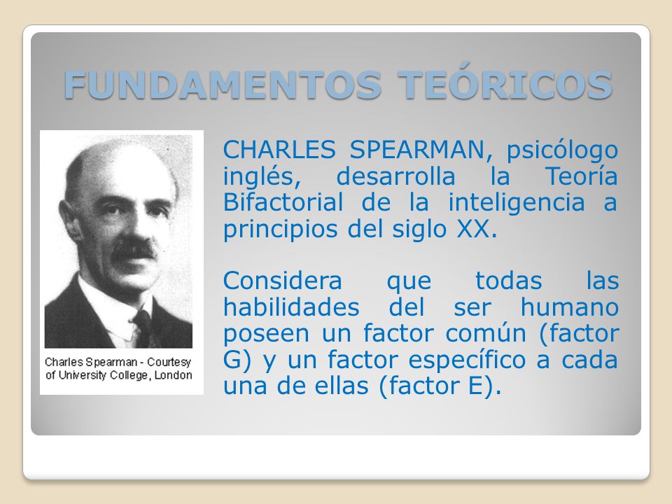 FUNDAMENTOS TEÓRICOS CHARLES SPEARMAN, psicólogo inglés, desarrolla la Teoría Bifactorial de la inteligencia a principios del siglo XX.