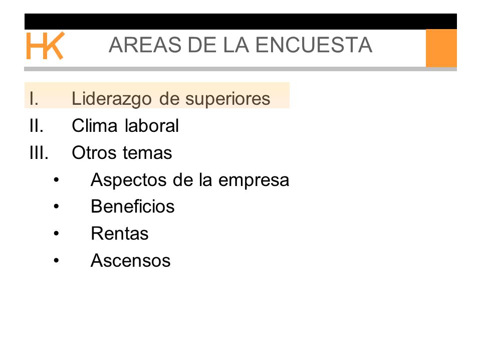 AREAS DE LA ENCUESTA Liderazgo de superiores Clima laboral Otros temas