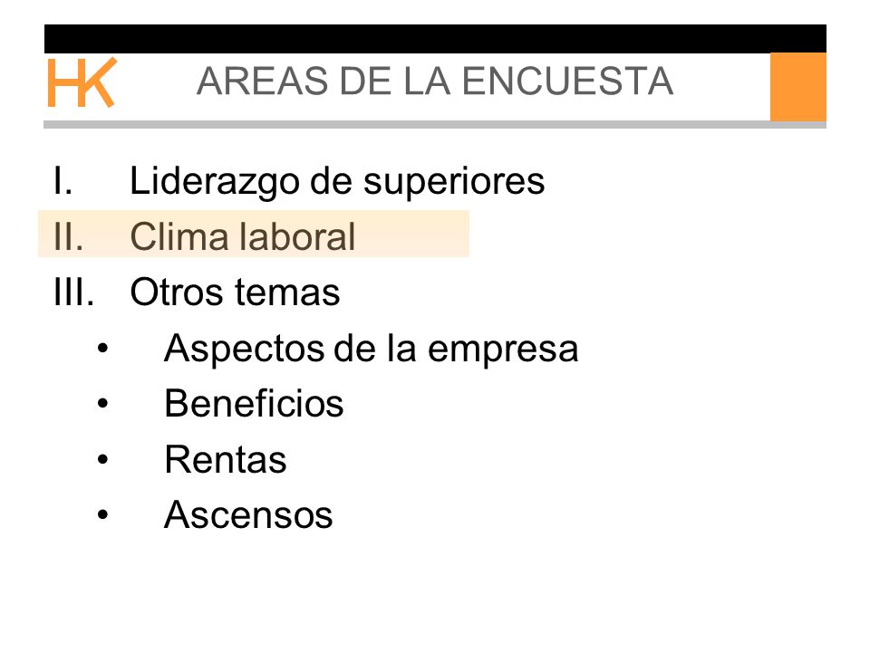 AREAS DE LA ENCUESTA Liderazgo de superiores. Clima laboral. Otros temas. Aspectos de la empresa.
