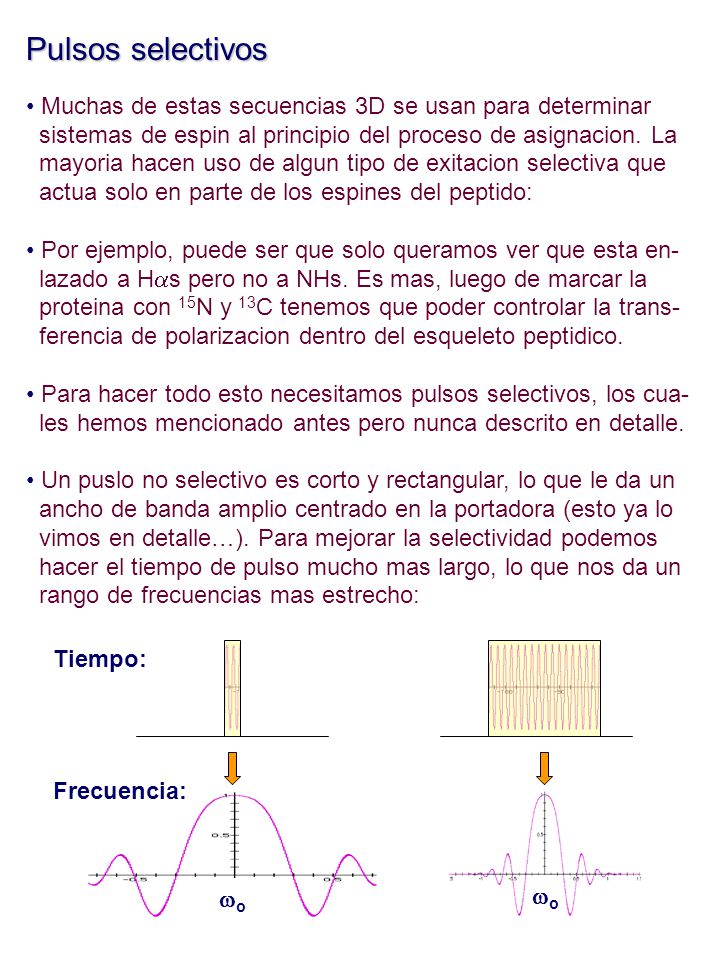 Pulsos selectivos Muchas de estas secuencias 3D se usan para determinar. sistemas de espin al principio del proceso de asignacion. La.