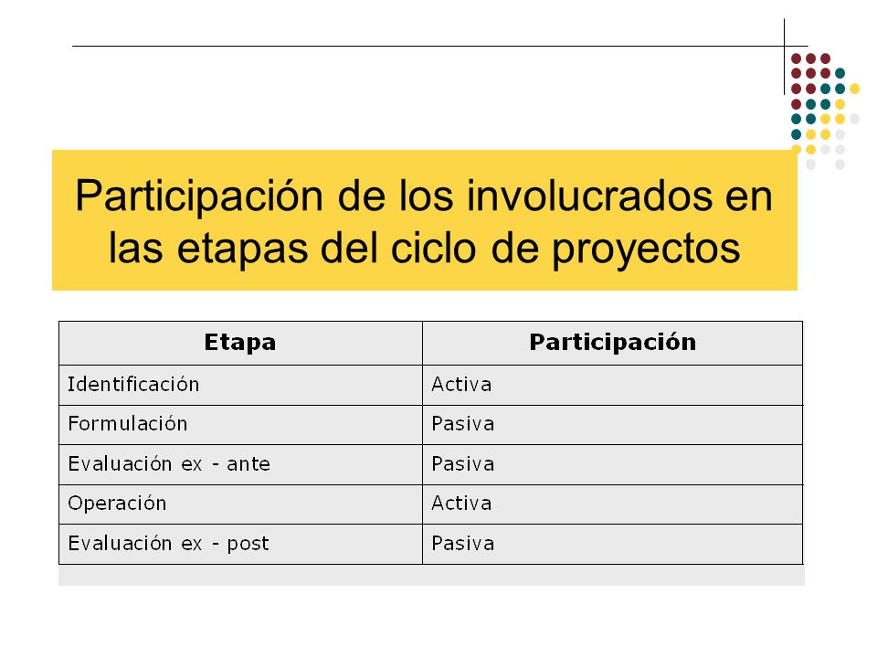 Participación de los involucrados en las etapas del ciclo de proyectos