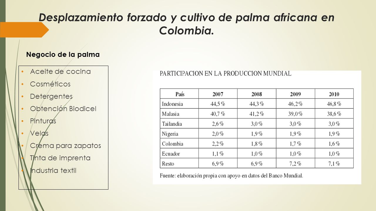 Desplazamiento forzado y cultivo de palma africana en Colombia.