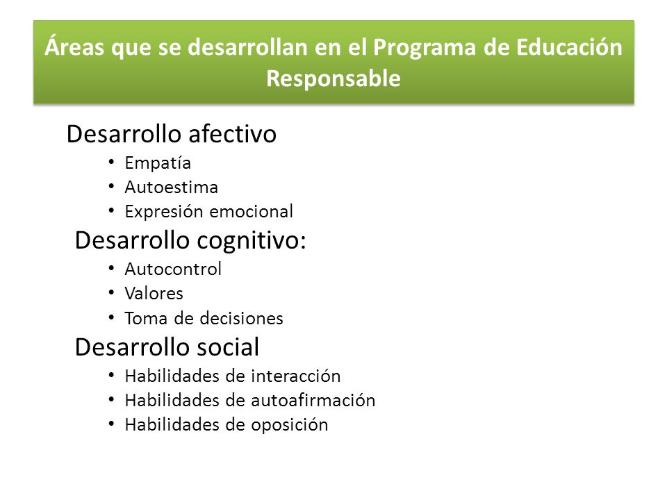 Áreas que se desarrollan en el Programa de Educación Responsable