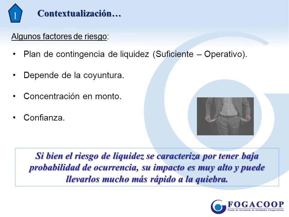 1 Contextualización… Algunos factores de riesgo: Algunos factores de riesgo: Plan de contingencia de liquidez (Suficiente – Operativo).
