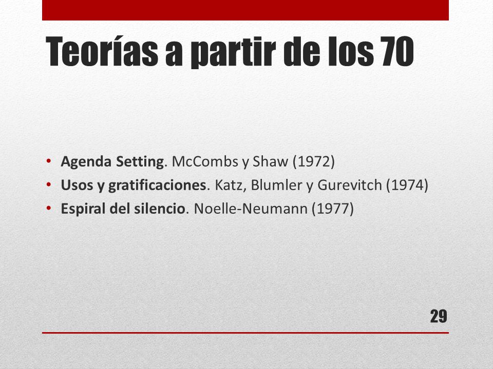 Teorías a partir de los 70 Agenda Setting. McCombs y Shaw (1972)