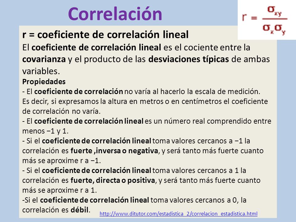 Correlación r = coeficiente de correlación lineal