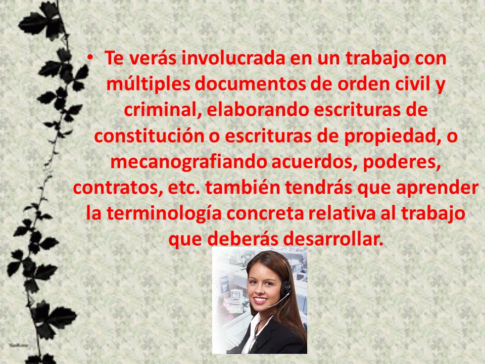 Te verás involucrada en un trabajo con múltiples documentos de orden civil y criminal, elaborando escrituras de constitución o escrituras de propiedad, o mecanografiando acuerdos, poderes, contratos, etc.
