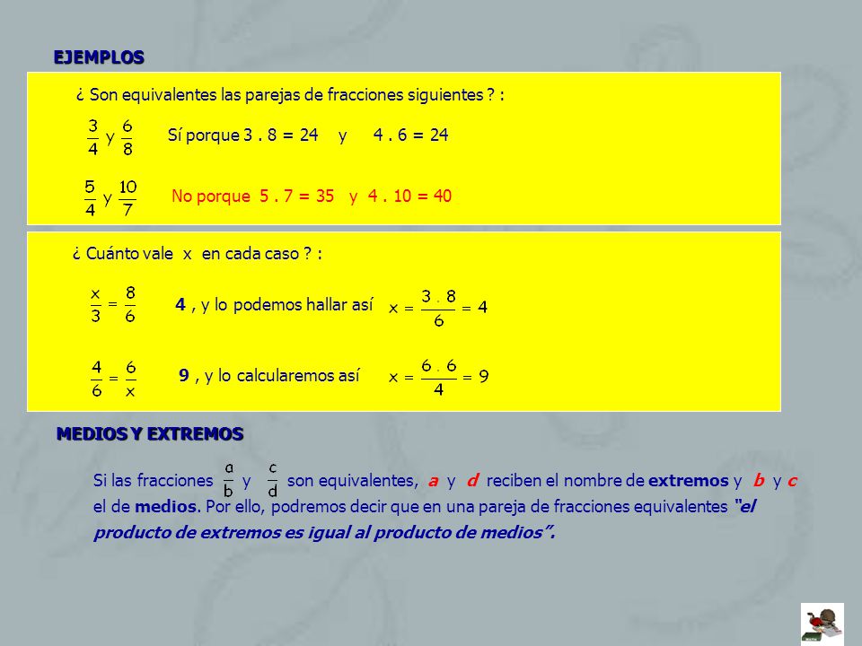 EJEMPLOS ¿ Son equivalentes las parejas de fracciones siguientes : Sí porque = 24 y = 24.