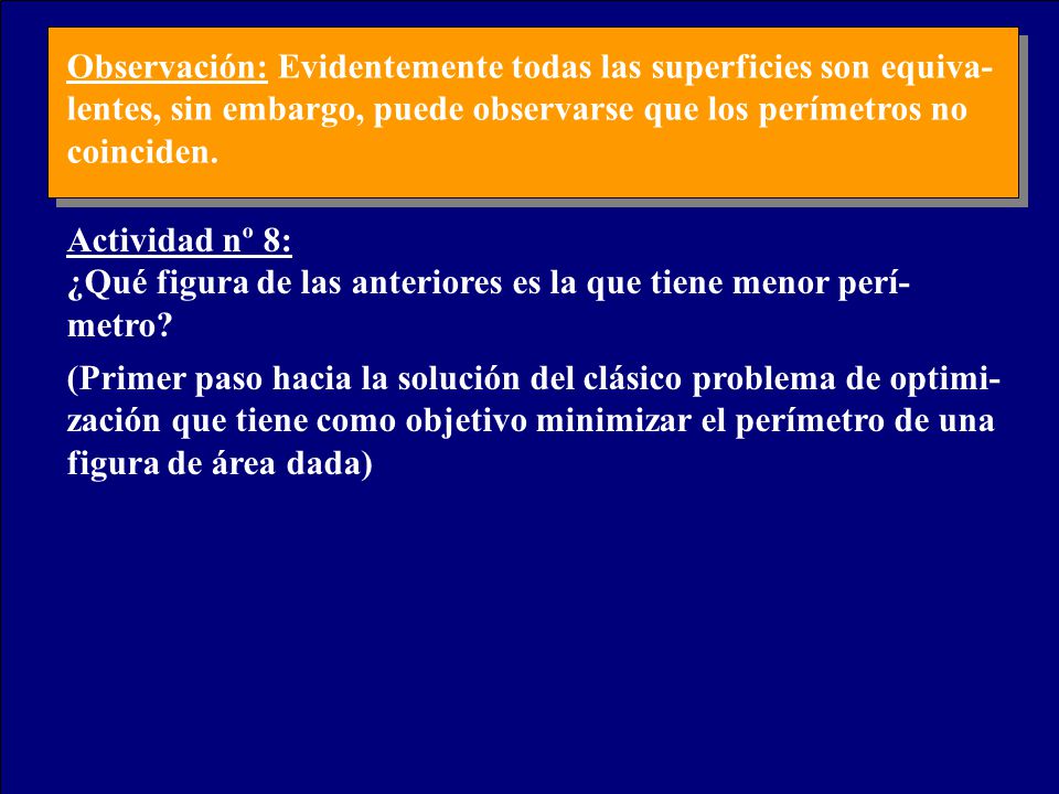 Observación: Evidentemente todas las superficies son equiva-lentes, sin embargo, puede observarse que los perímetros no coinciden.