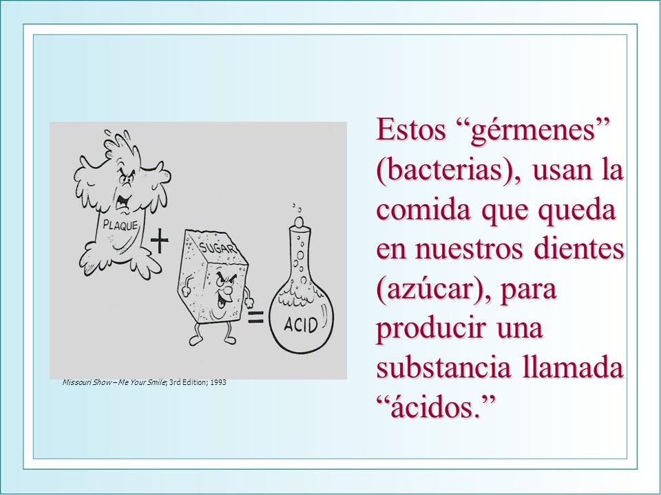 Estos gérmenes (bacterias), usan la comida que queda en nuestros dientes (azúcar), para producir una substancia llamada ácidos.