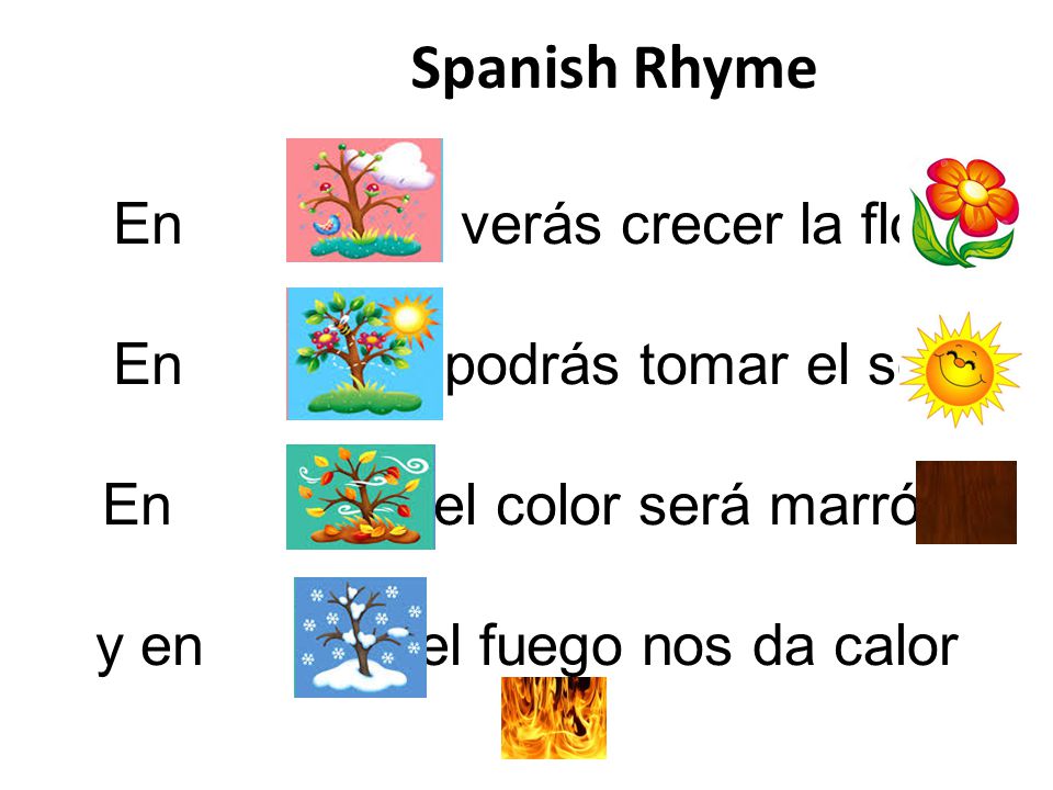Spanish Rhyme En verás crecer la flor En podrás tomar el sol En el color será marrón y en el fuego nos da calor
