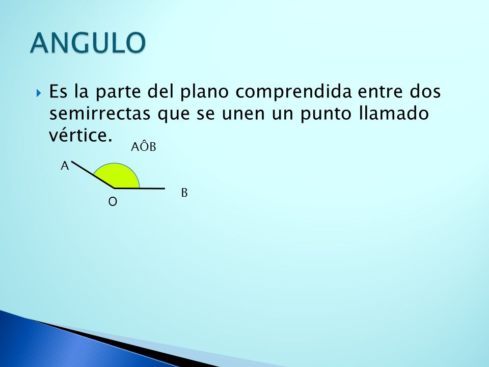 ANGULO Es la parte del plano comprendida entre dos semirrectas que se unen un punto llamado vértice.