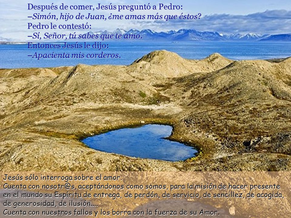 Después de comer, Jesús preguntó a Pedro: –Simón, hijo de Juan, ¿me amas más que éstos Pedro le contestó: –Sí, Señor, tú sabes que te amo. Entonces Jesús le dijo: –Apacienta mis corderos.