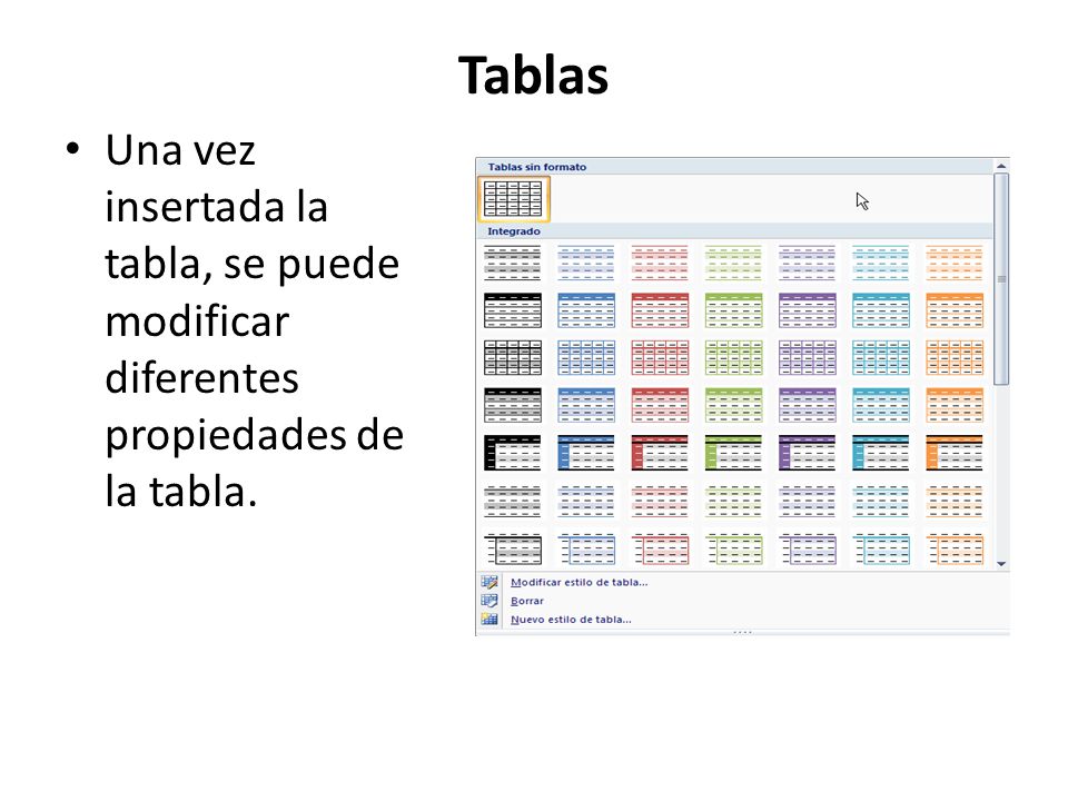 Tablas Una vez insertada la tabla, se puede modificar diferentes propiedades de la tabla.