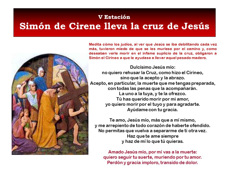 V Estación Simón de Cirene lleva la cruz de Jesús