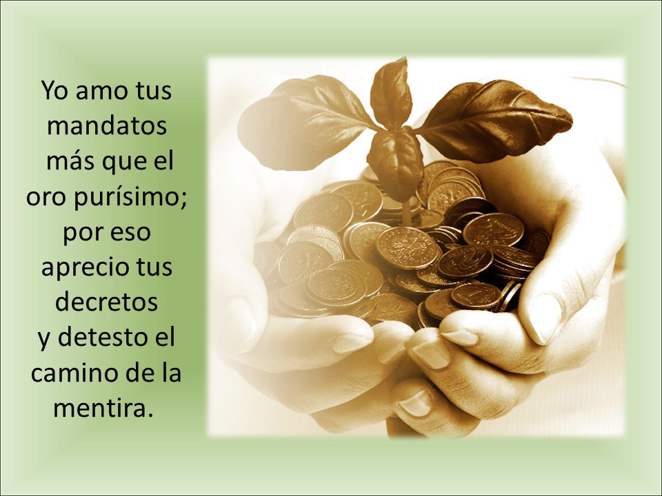 Yo amo tus mandatos más que el oro purísimo; por eso aprecio tus decretos y detesto el camino de la mentira.