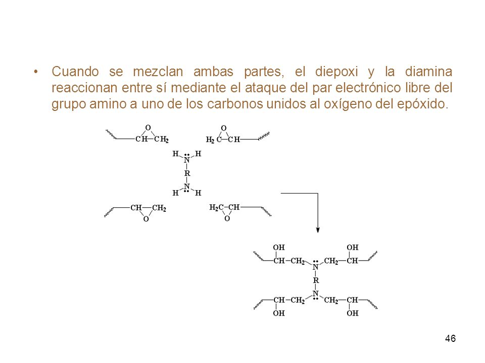 Cuando se mezclan ambas partes, el diepoxi y la diamina reaccionan entre sí mediante el ataque del par electrónico libre del grupo amino a uno de los carbonos unidos al oxígeno del epóxido.
