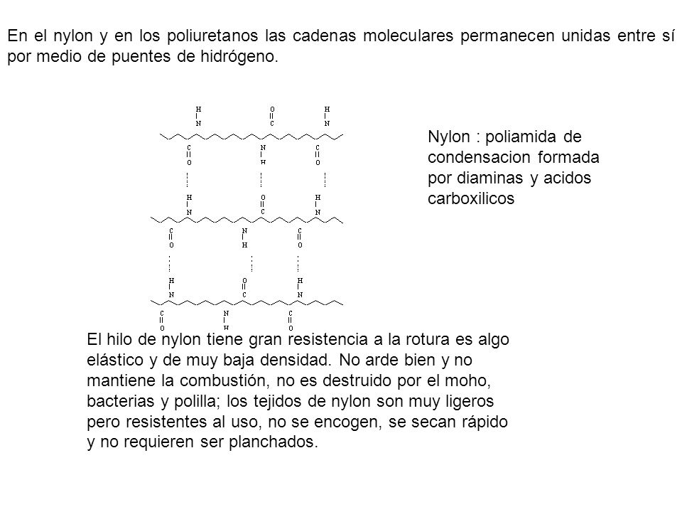 En el nylon y en los poliuretanos las cadenas moleculares permanecen unidas entre sí por medio de puentes de hidrógeno.