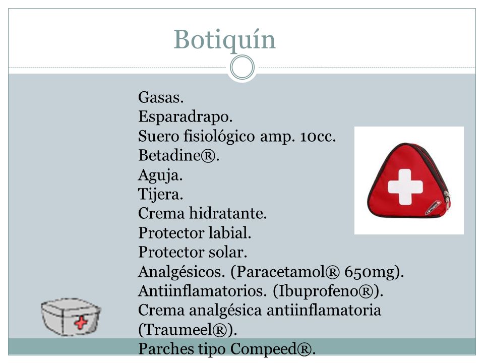Botiquín Gasas. Esparadrapo. Suero fisiológico amp. 10cc. Betadine®.