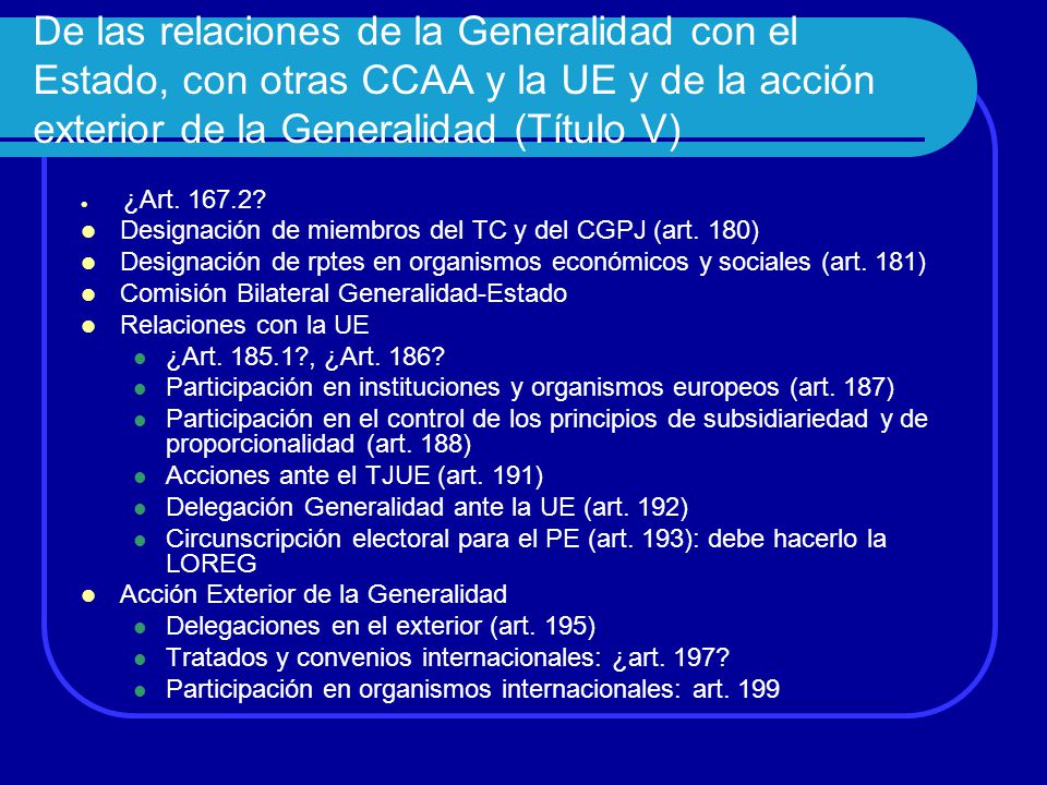 De las relaciones de la Generalidad con el Estado, con otras CCAA y la UE y de la acción exterior de la Generalidad (Título V)