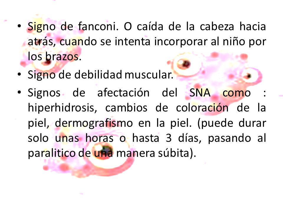 Signo de fanconi. O caída de la cabeza hacia atrás, cuando se intenta incorporar al niño por los brazos.