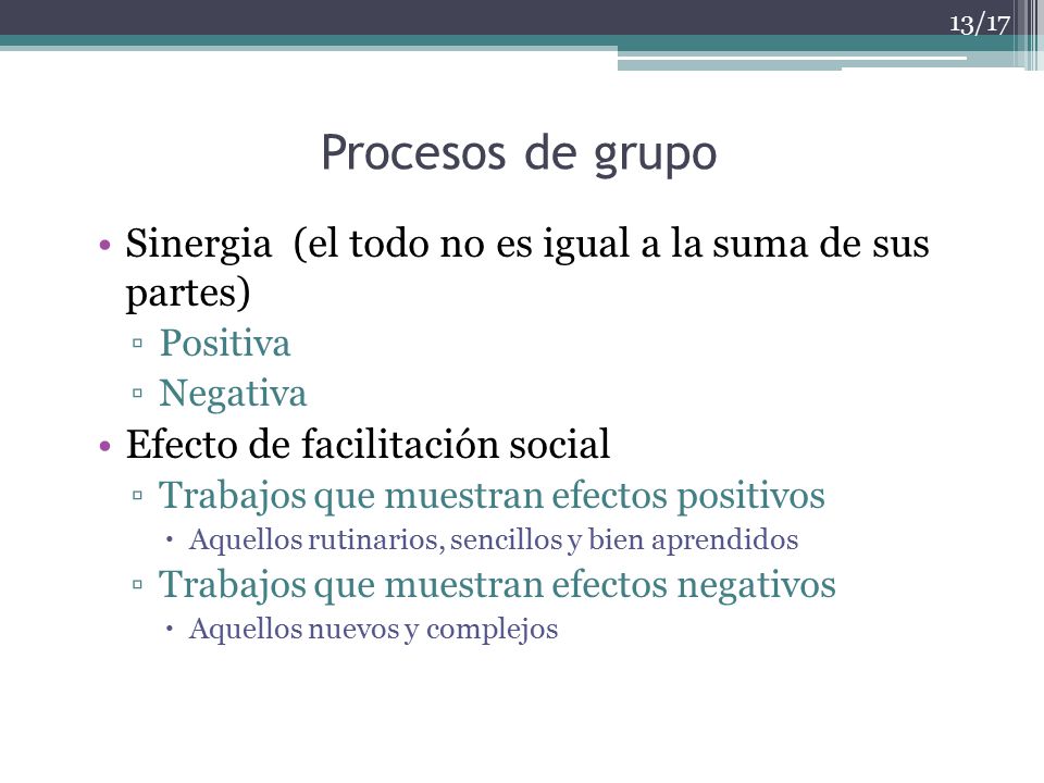 Procesos de grupo Sinergia (el todo no es igual a la suma de sus partes) Positiva. Negativa. Efecto de facilitación social.