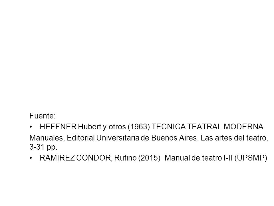 Fuente: HEFFNER Hubert y otros (1963) TECNICA TEATRAL MODERNA. Manuales. Editorial Universitaria de Buenos Aires. Las artes del teatro pp.