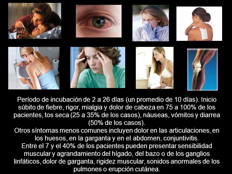 Período de incubación de 2 a 26 días (un promedio de 10 días)