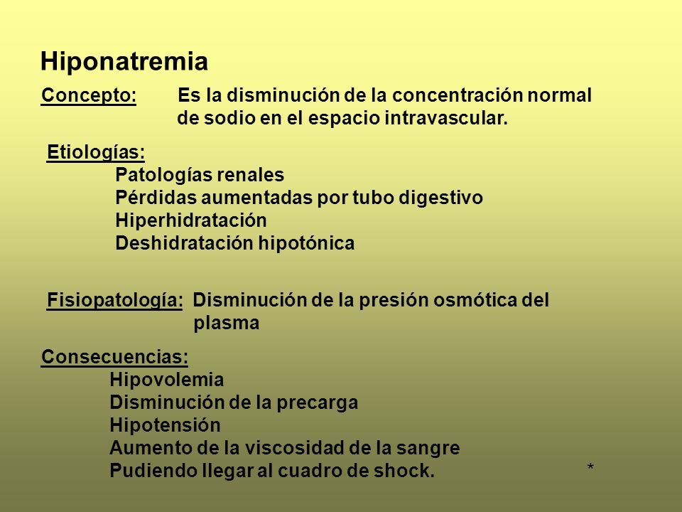 Hiponatremia Concepto: Es la disminución de la concentración normal