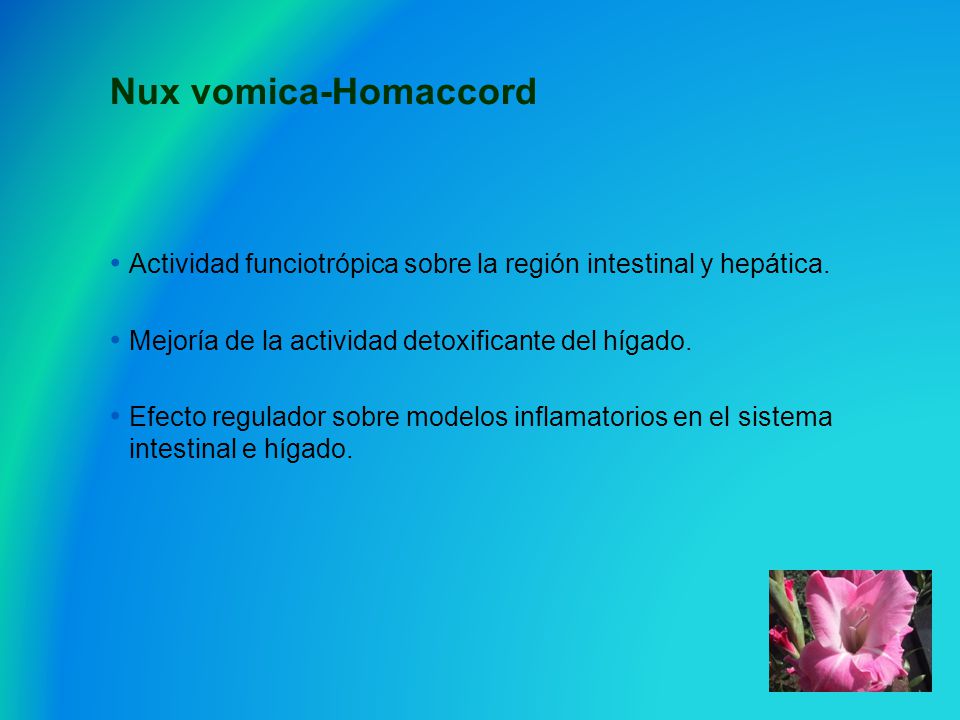 Nux vomica-Homaccord Actividad funciotrópica sobre la región intestinal y hepática. Mejoría de la actividad detoxificante del hígado.