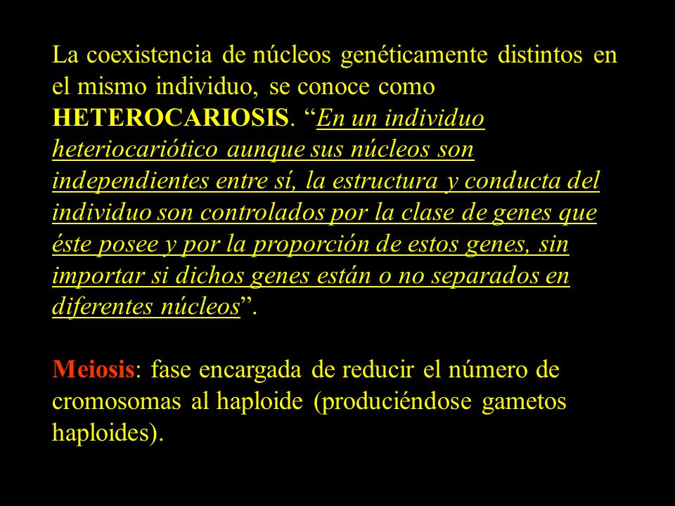 La coexistencia de núcleos genéticamente distintos en el mismo individuo, se conoce como HETEROCARIOSIS. En un individuo heteriocariótico aunque sus núcleos son independientes entre sí, la estructura y conducta del individuo son controlados por la clase de genes que éste posee y por la proporción de estos genes, sin importar si dichos genes están o no separados en diferentes núcleos .