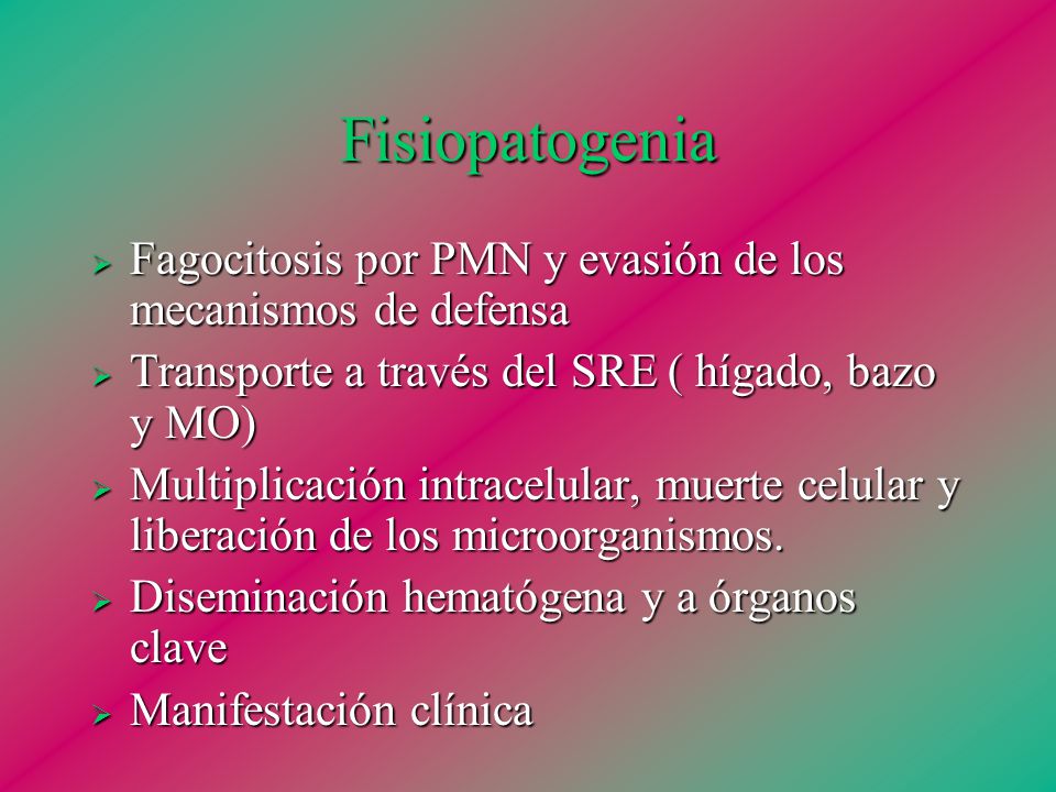 Fisiopatogenia Fagocitosis por PMN y evasión de los mecanismos de defensa. Transporte a través del SRE ( hígado, bazo y MO)