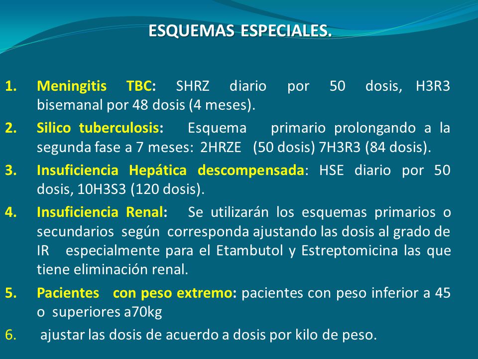 ESQUEMAS ESPECIALES. Meningitis TBC: SHRZ diario por 50 dosis, H3R3 bisemanal por 48 dosis (4 meses).