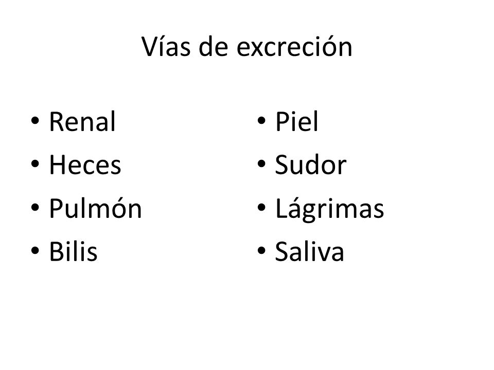 Vías de excreción Renal Heces Pulmón Bilis Piel Sudor Lágrimas Saliva