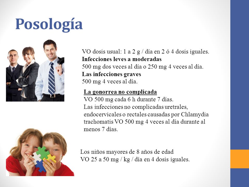 Posología VO dosis usual: 1 a 2 g / día en 2 ó 4 dosis iguales.