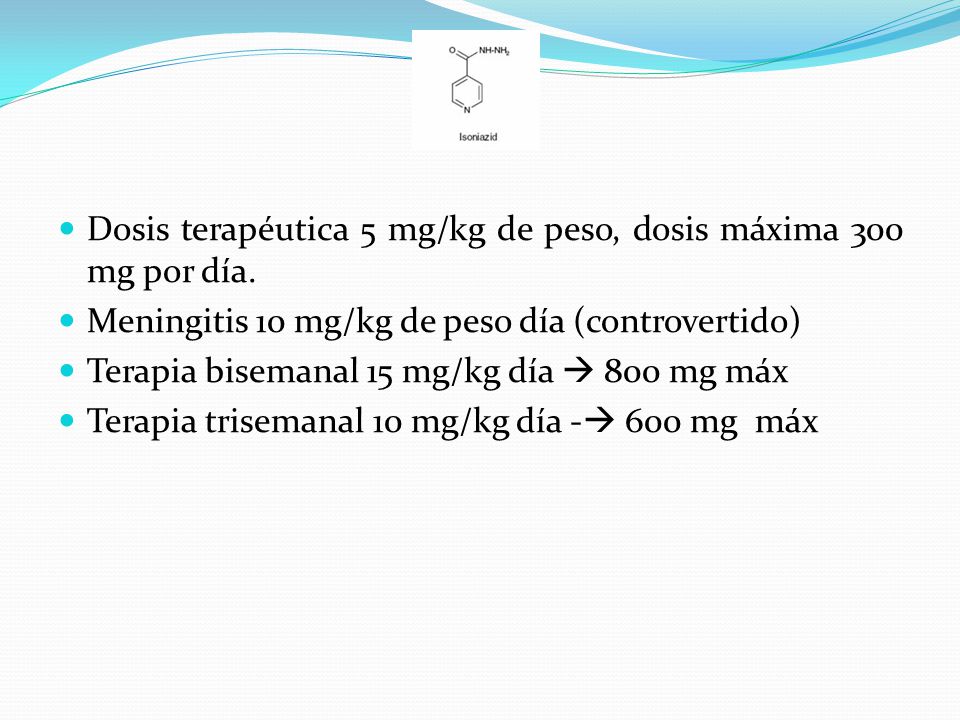 Dosis terapéutica 5 mg/kg de peso, dosis máxima 300 mg por día.