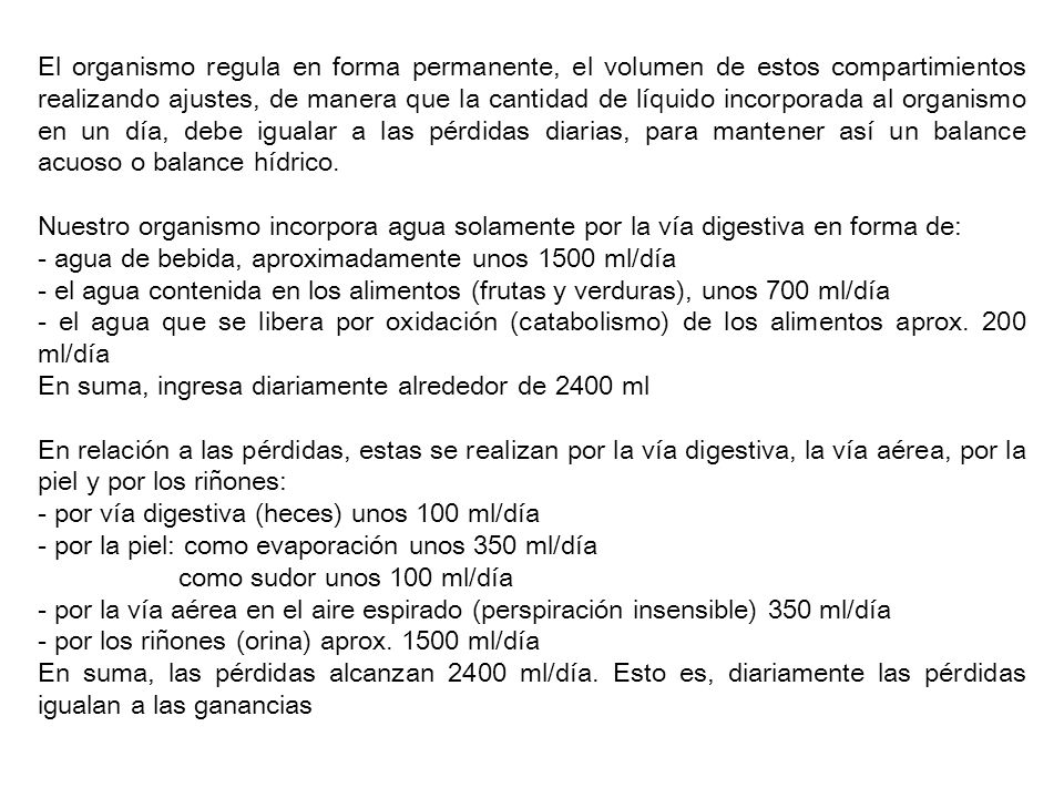 El organismo regula en forma permanente, el volumen de estos compartimientos realizando ajustes, de manera que la cantidad de líquido incorporada al organismo en un día, debe igualar a las pérdidas diarias, para mantener así un balance acuoso o balance hídrico.