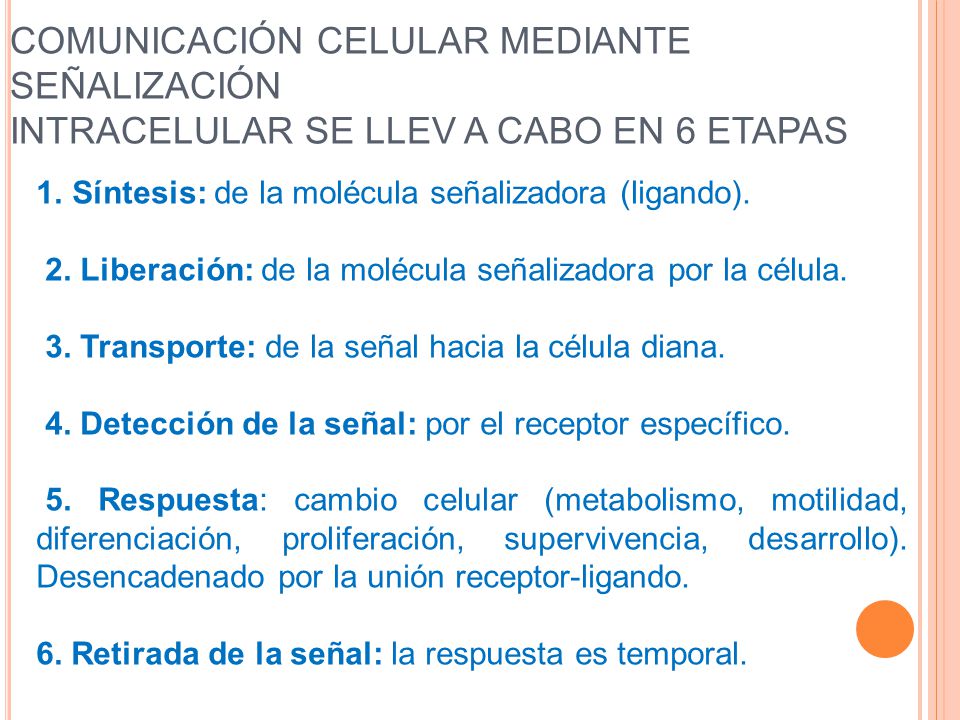 COMUNICACIÓN CELULAR MEDIANTE SEÑALIZACIÓN INTRACELULAR SE LLEV A CABO EN 6 ETAPAS