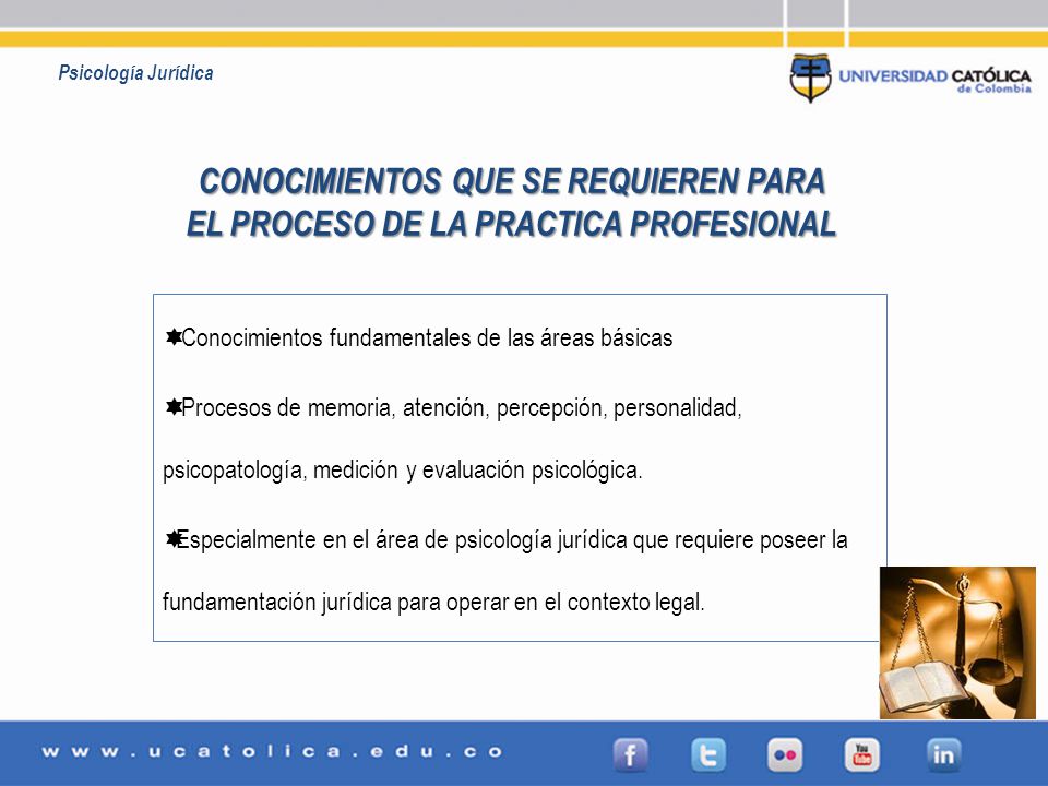 Psicología Jurídica CONOCIMIENTOS QUE SE REQUIEREN PARA EL PROCESO DE LA PRACTICA PROFESIONAL. Conocimientos fundamentales de las áreas básicas.