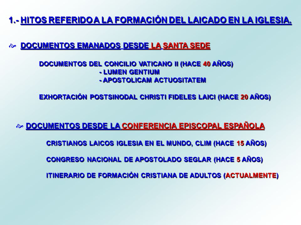 1.- HITOS REFERIDO A LA FORMACIÓN DEL LAICADO EN LA IGLESIA.