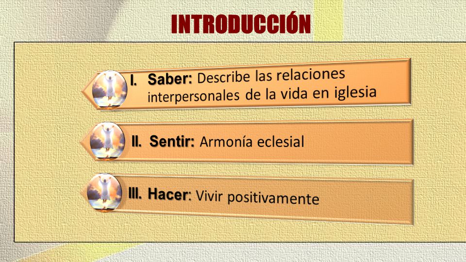 INTRODUCCIÓN I. Saber: Describe las relaciones interpersonales de la vida en iglesia. II. Sentir: Armonía eclesial.