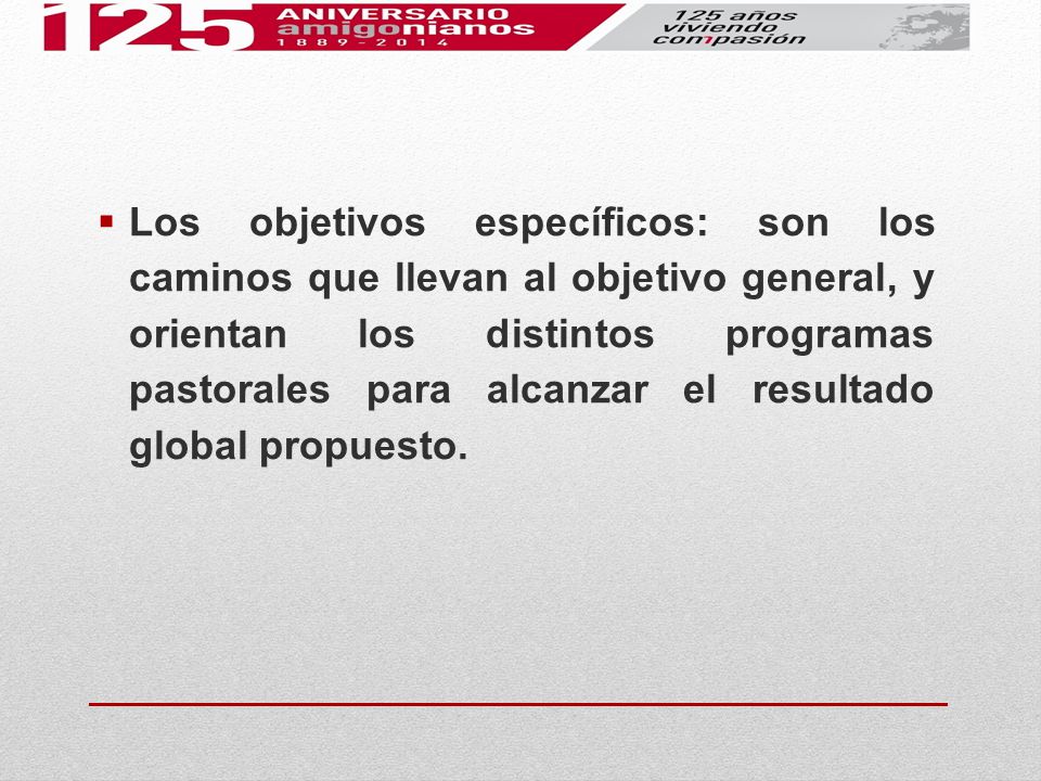 Los objetivos específicos: son los caminos que llevan al objetivo general, y orientan los distintos programas pastorales para alcanzar el resultado global propuesto.