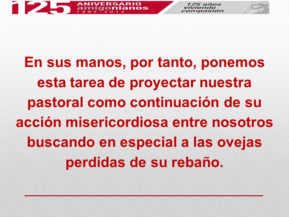 En sus manos, por tanto, ponemos esta tarea de proyectar nuestra pastoral como continuación de su acción misericordiosa entre nosotros buscando en especial a las ovejas perdidas de su rebaño.