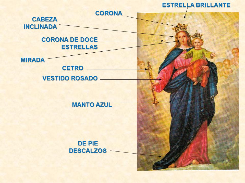ESTRELLA BRILLANTE CORONA. CABEZA INCLINADA. CORONA DE DOCE ESTRELLAS. MIRADA. CETRO. VESTIDO ROSADO.