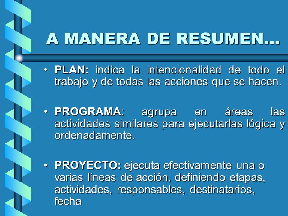 A MANERA DE RESUMEN... PLAN: indica la intencionalidad de todo el trabajo y de todas las acciones que se hacen.